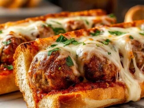 Close-up of cheesy meatball subs with melted mozzarella and marinara sauce on toasted hoagie rolls