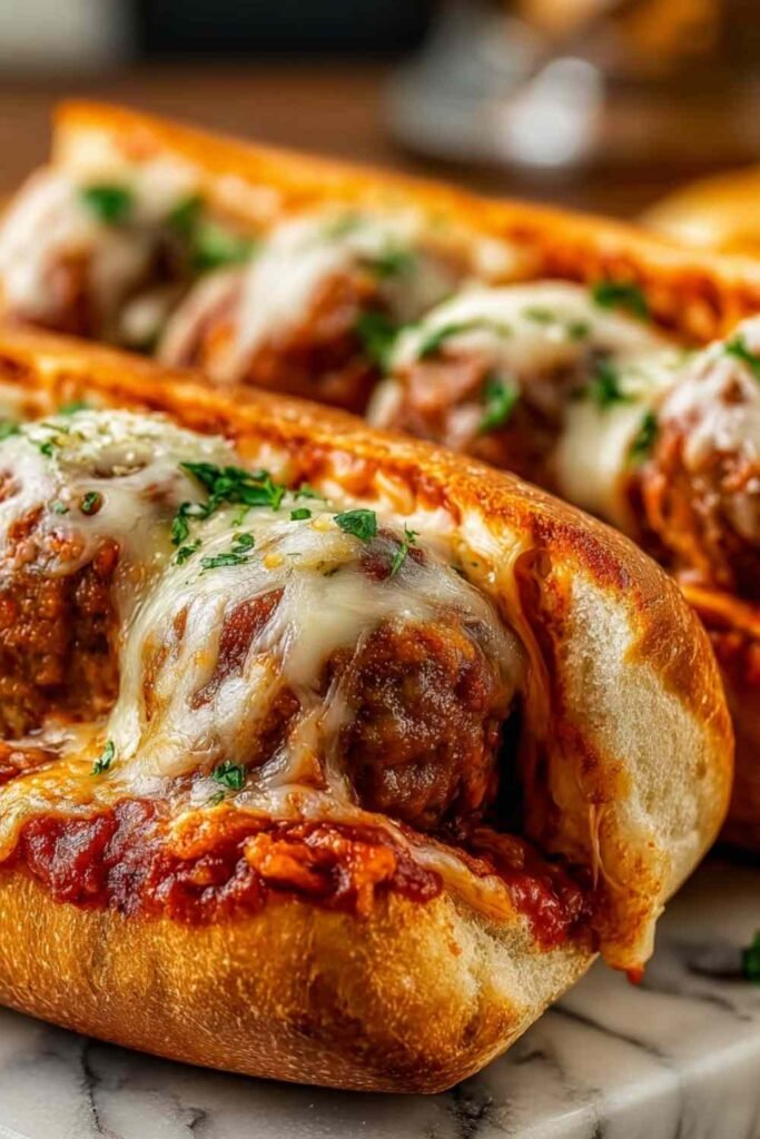 Close-up of cheesy meatball subs with melted mozzarella and marinara sauce on toasted hoagie rolls