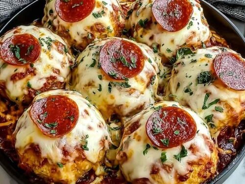Golden cheesy pepperoni pizza bombs on a parchment-lined baking sheet fresh from the oven