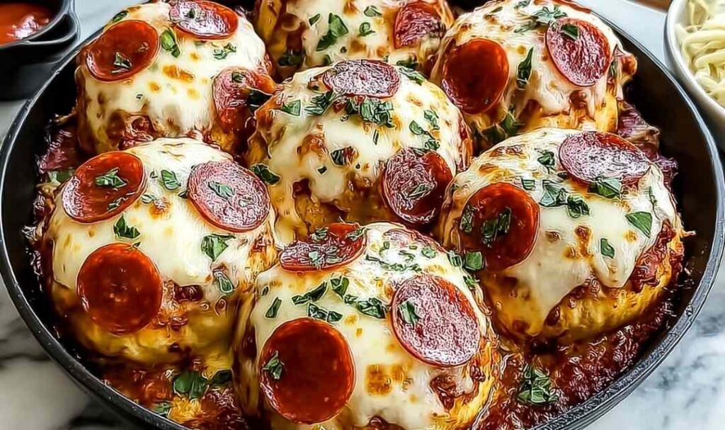 Golden cheesy pepperoni pizza bombs on a parchment-lined baking sheet fresh from the oven
