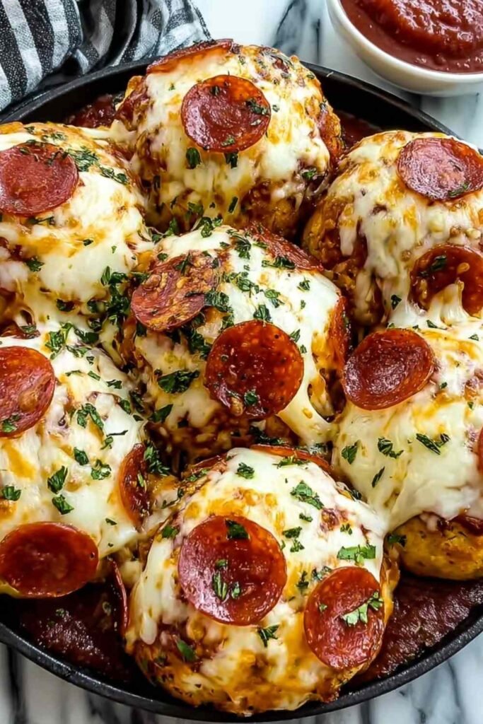 Golden cheesy pepperoni pizza bombs on a parchment-lined baking sheet fresh from the oven