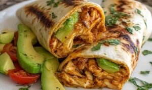 A sliced chicken avocado wrap on a white plate showing layers of tender chicken, fresh avocado, lettuce, tomato, and cheddar cheese inside a flour tortilla