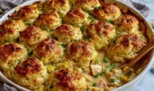 Chicken bubble biscuit bake casserole in a white baking dish with golden puffed biscuits and melted cheddar cheese