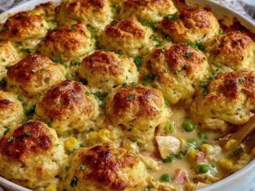 Chicken bubble biscuit bake casserole in a white baking dish with golden puffed biscuits and melted cheddar cheese