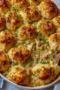 Chicken bubble biscuit bake casserole in a white baking dish with golden puffed biscuits and melted cheddar cheese