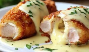 Sliced Chicken Cordon Bleu with Swiss Cheese Sauce on a white plate showing turkey and melted Swiss cheese filling