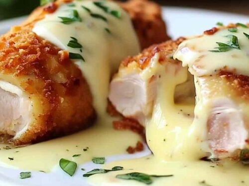 Sliced Chicken Cordon Bleu with Swiss Cheese Sauce on a white plate showing turkey and melted Swiss cheese filling