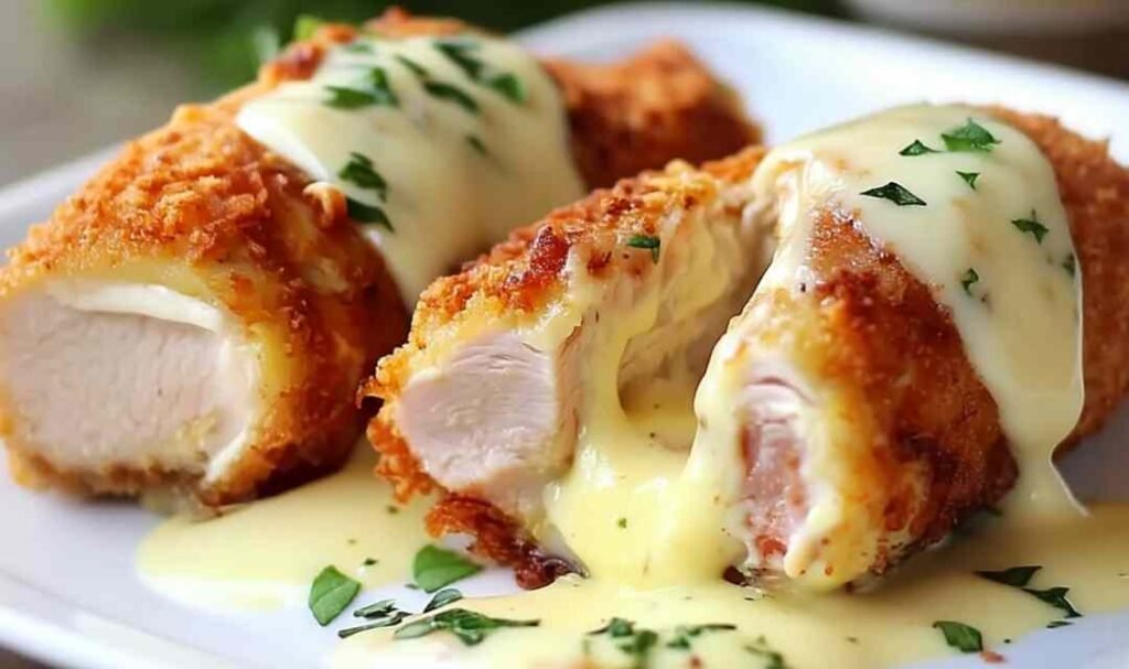 Sliced Chicken Cordon Bleu with Swiss Cheese Sauce on a white plate showing turkey and melted Swiss cheese filling