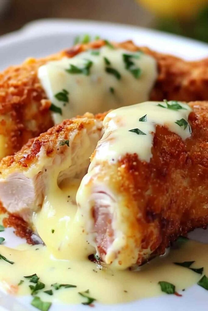Sliced Chicken Cordon Bleu with Swiss Cheese Sauce on a white plate showing turkey and melted Swiss cheese filling