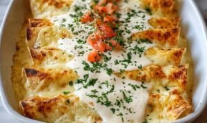 White Rotisserie Chicken Enchiladas baked golden with creamy green chile white sauce and melted Monterey Jack cheese in a 9x13 baking dish