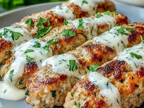 Chicken kofta with garlic yogurt sauce on a white serving platter with fresh parsley and warm pita bread
