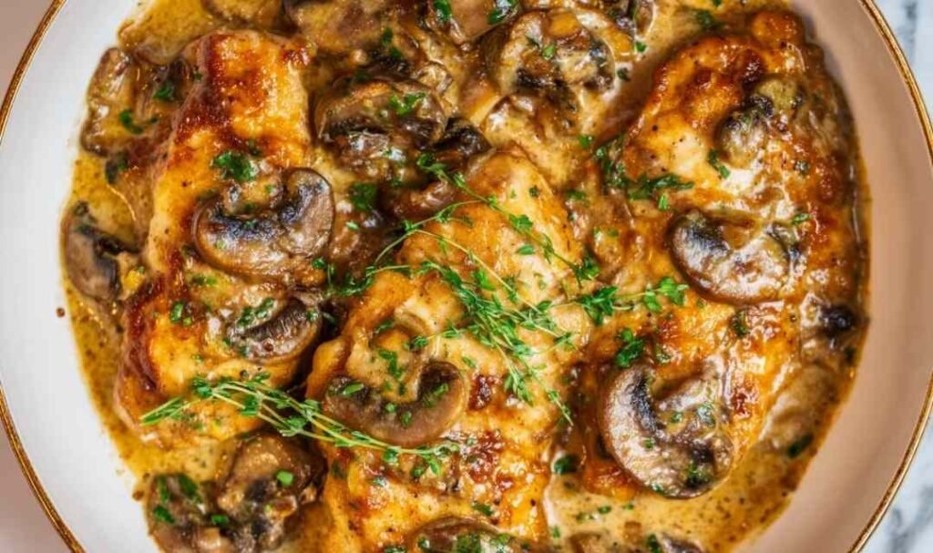 Easy chicken Marsala in a skillet with creamy Marsala wine sauce, sliced mushrooms, and golden seared chicken breasts