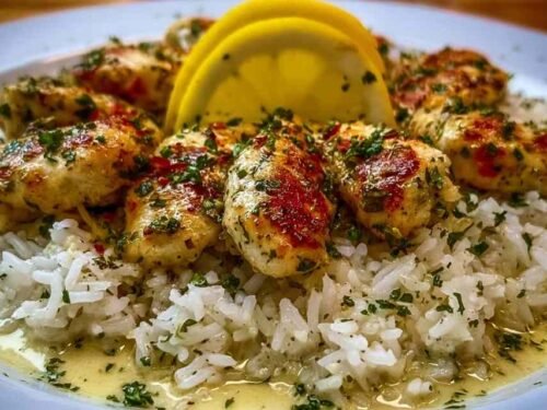 Chicken scampi with creamy garlic Parmesan rice in a skillet with golden seared chicken and fresh parsley garnish