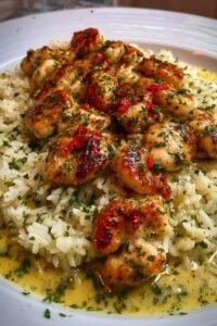 Chicken scampi with creamy garlic Parmesan rice in a skillet with golden seared chicken and fresh parsley garnish