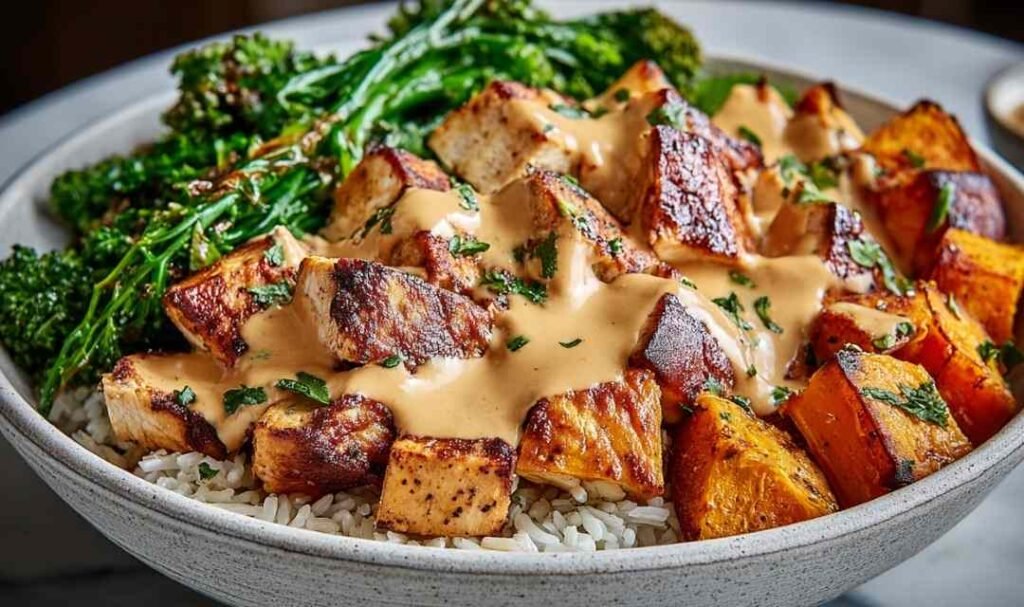 Healthy chicken sweet potato bowls with roasted sweet potatoes, pan-seared chicken, rice, and creamy spiced sauce in a white bowl