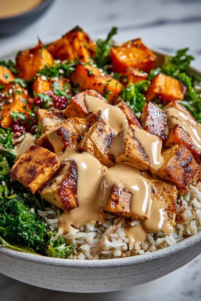 Healthy chicken sweet potato bowls with roasted sweet potatoes, pan-seared chicken, rice, and creamy spiced sauce in a white bowl
