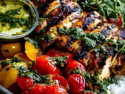 Chimichurri grilled chicken bowl topped with vibrant green chimichurri sauce, creamy garlic drizzle, fresh greens, and diced tomatoes in a white bowl