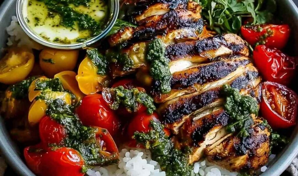 Chimichurri grilled chicken bowl topped with vibrant green chimichurri sauce, creamy garlic drizzle, fresh greens, and diced tomatoes in a white bowl