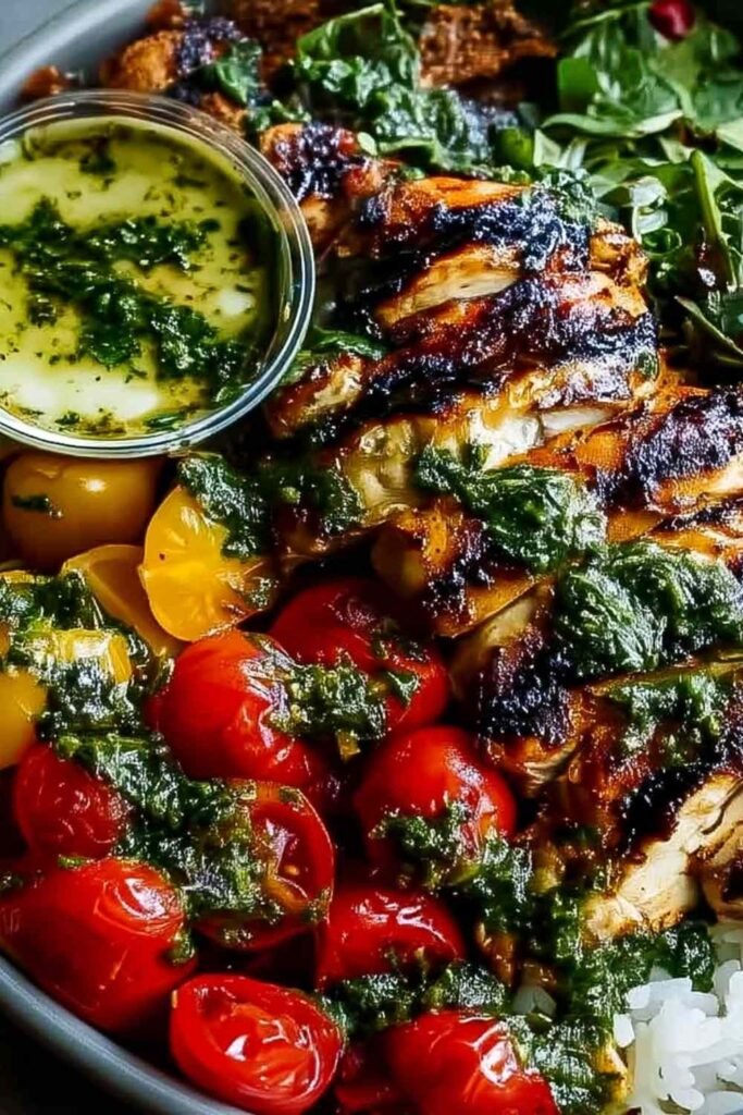 Chimichurri grilled chicken bowl topped with vibrant green chimichurri sauce, creamy garlic drizzle, fresh greens, and diced tomatoes in a white bowl