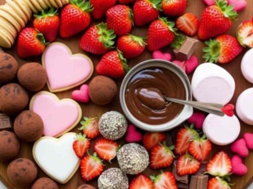 Overhead view of a Chocolate and Strawberry Dessert Board on a round wooden board with fresh strawberries, truffles, broken chocolate bars, heart cookies, pink marshmallows, and a chocolate dipping sauce bowl in the center