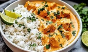 A serving of coconut chicken rice bowl with creamy coconut sauce, rice, and fresh cilantro garnish