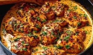 Cowboy Butter Chicken in a cast iron skillet with rich garlic butter sauce and fresh parsley garnish