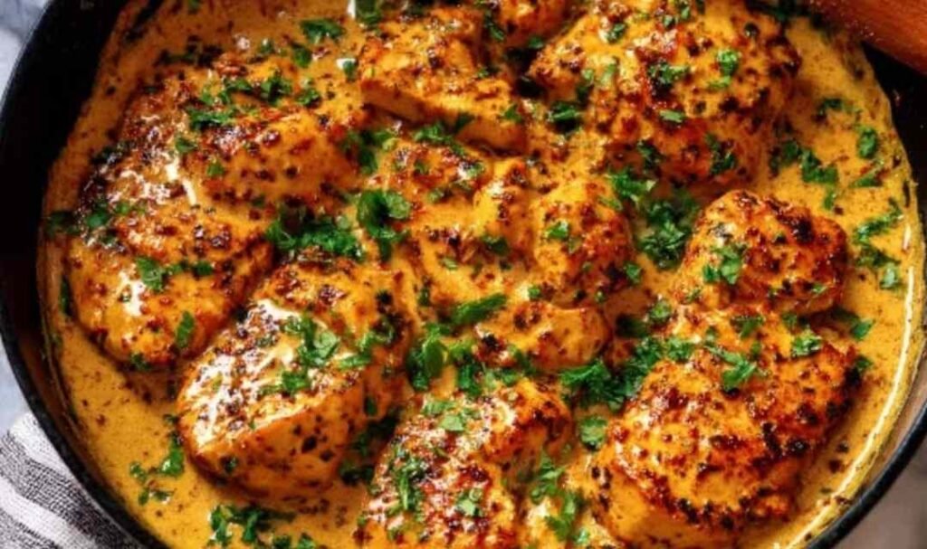 Cowboy Butter Chicken in a cast iron skillet with rich garlic butter sauce and fresh parsley garnish