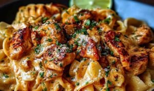 Creamy Cowboy Butter Chicken Pasta in a skillet with Parmesan and fresh parsley garnish