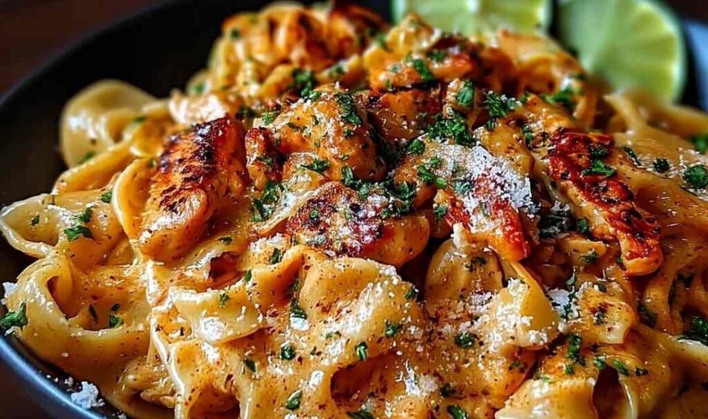 Creamy Cowboy Butter Chicken Pasta in a skillet with Parmesan and fresh parsley garnish