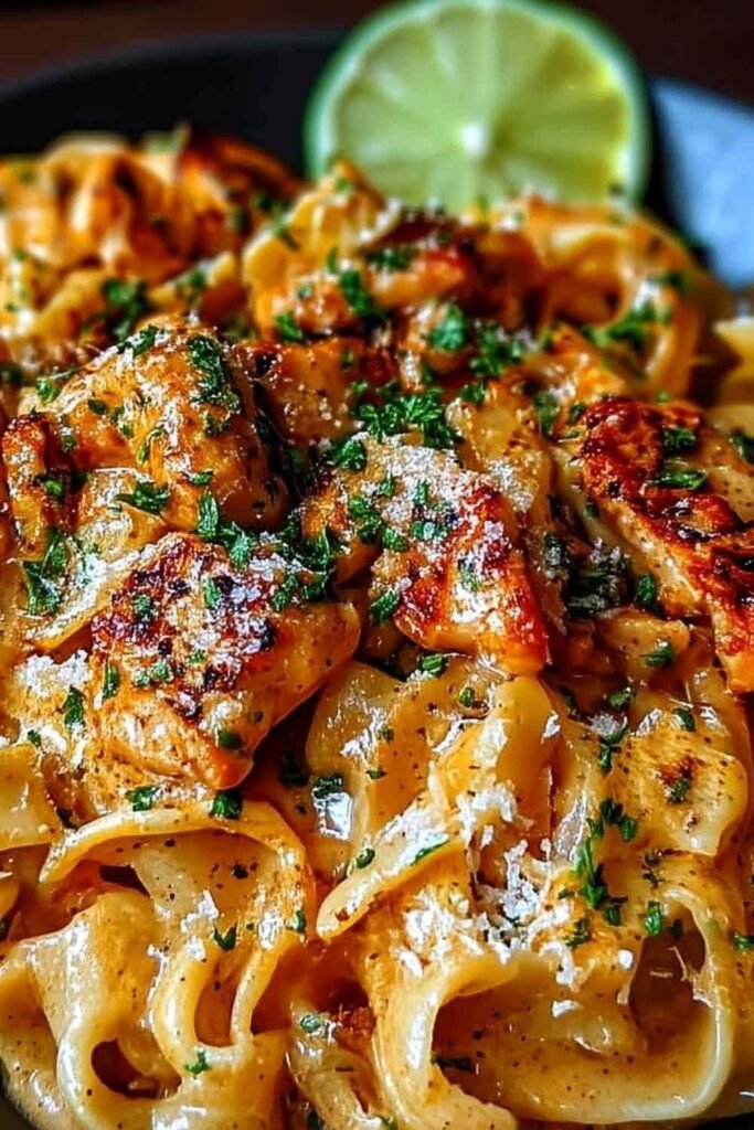 Creamy Cowboy Butter Chicken Pasta in a skillet with Parmesan and fresh parsley garnish