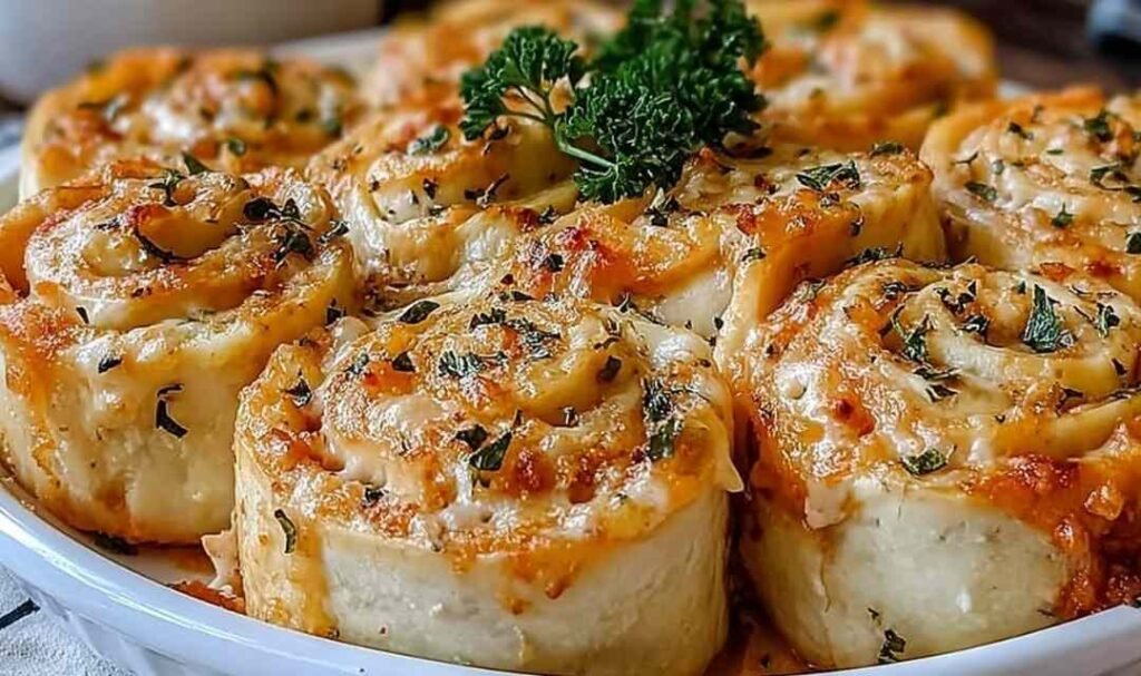 Crack Chicken Pinwheels sliced and arranged on a white serving platter with fresh parsley garnish
