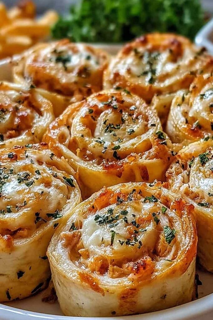 Crack Chicken Pinwheels sliced and arranged on a white serving platter with fresh parsley garnish