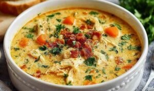 Crack chicken soup in a large stockpot with shredded chicken, pasta, crispy bacon, and melted cheddar cheese