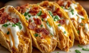Crack chicken tacos on warm flour tortillas topped with cheddar cheese, crumbled beef bacon, green onions, and sour cream