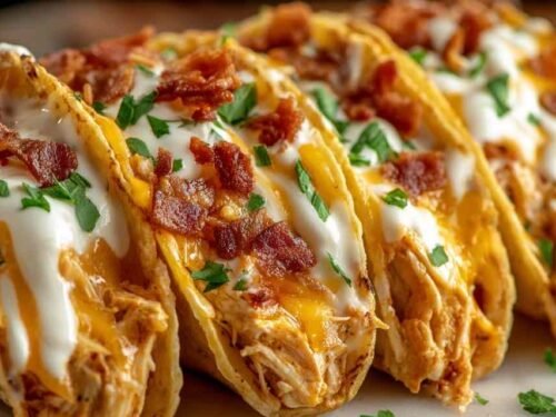 Crack chicken tacos on warm flour tortillas topped with cheddar cheese, crumbled beef bacon, green onions, and sour cream
