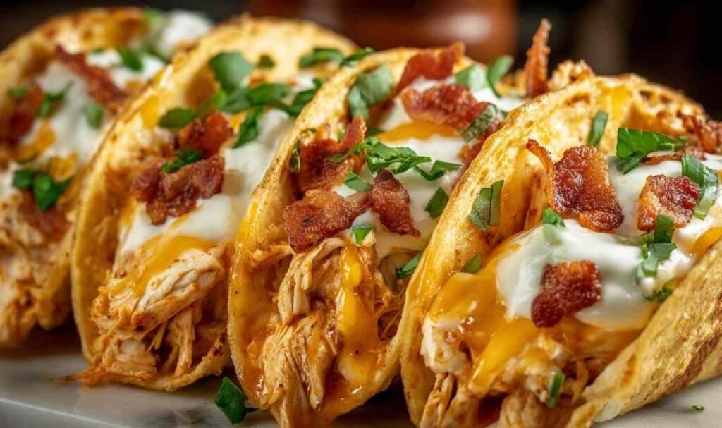 Crack chicken tacos on warm flour tortillas topped with cheddar cheese, crumbled beef bacon, green onions, and sour cream