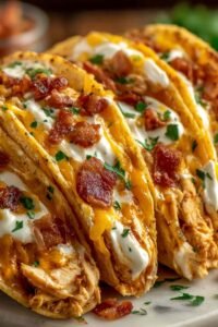 Crack chicken tacos on warm flour tortillas topped with cheddar cheese, crumbled beef bacon, green onions, and sour cream