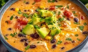 Bowl of creamy chicken enchilada soup topped with shredded cheese, sour cream, and fresh cilantro