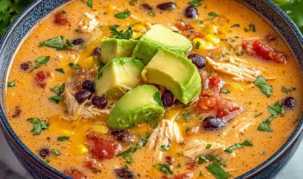 Bowl of creamy chicken enchilada soup topped with shredded cheese, sour cream, and fresh cilantro