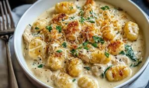 Creamy Crack Chicken Gnocchi in a white bowl with crispy bacon bits, melted cheddar, and fresh spinach
