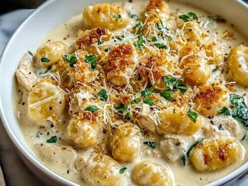 Creamy Crack Chicken Gnocchi in a white bowl with crispy bacon bits, melted cheddar, and fresh spinach