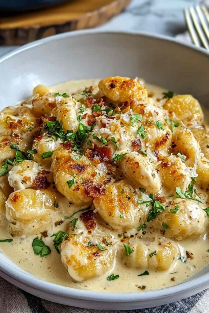 Creamy Crack Chicken Gnocchi in a white bowl with crispy bacon bits, melted cheddar, and fresh spinach
