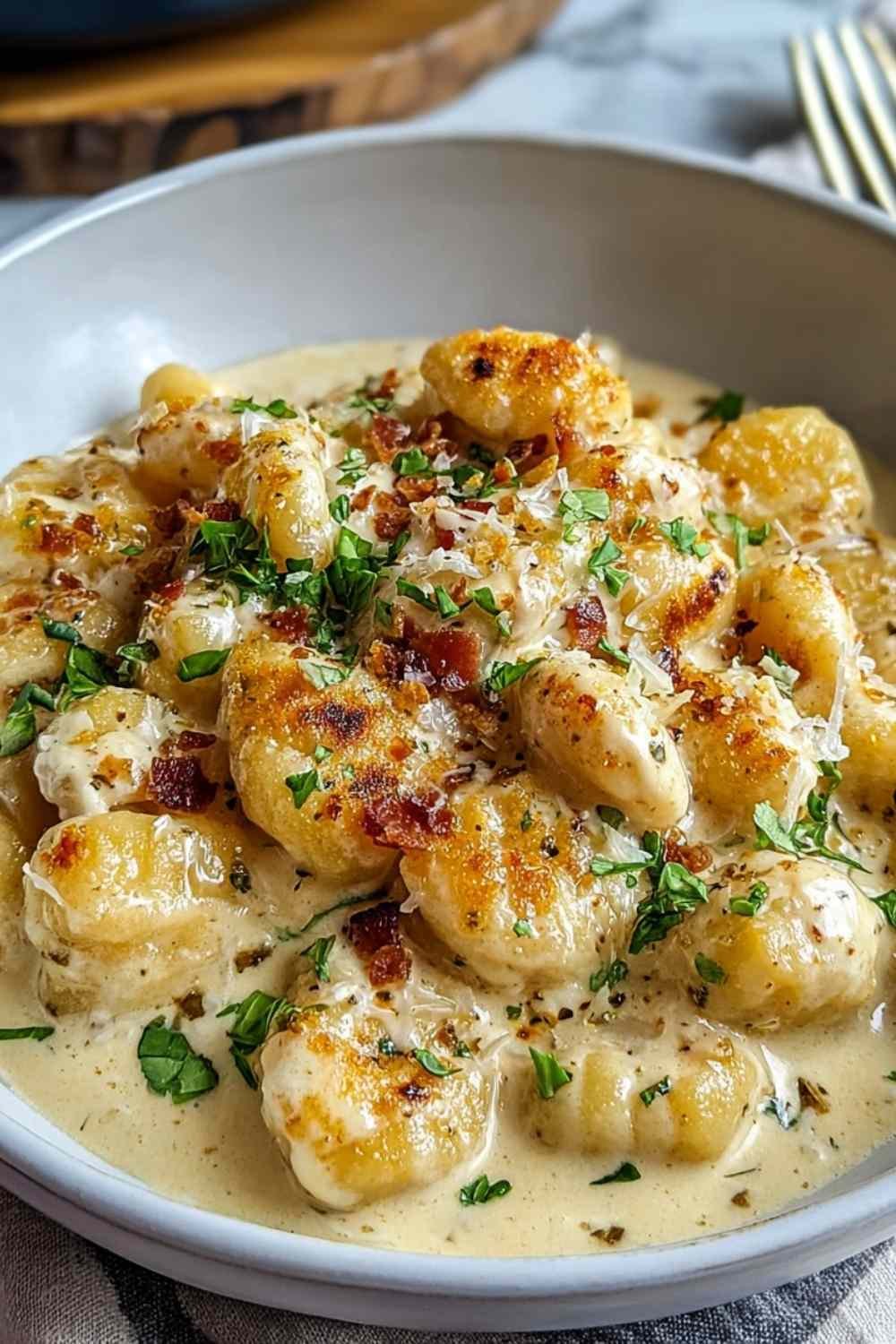 Creamy Crack Chicken Gnocchi in a white bowl with crispy bacon bits, melted cheddar, and fresh spinach