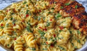 Creamy garlic Parmesan chicken pasta in a large skillet garnished with fresh parsley and grated Parmesan