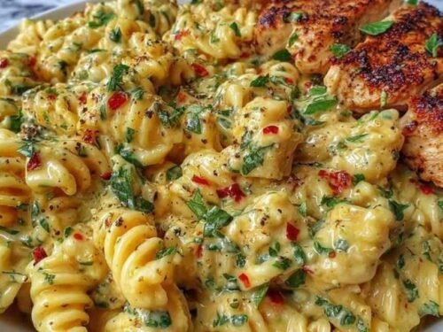 Creamy garlic Parmesan chicken pasta in a large skillet garnished with fresh parsley and grated Parmesan