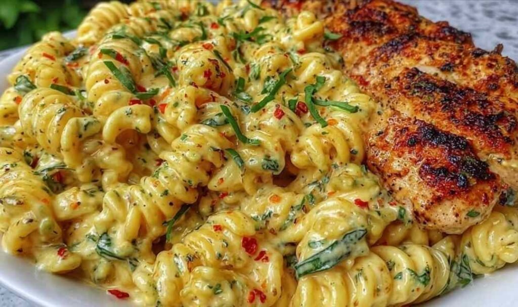 Creamy garlic Parmesan chicken pasta in a large skillet garnished with fresh parsley and grated Parmesan