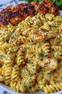 Creamy garlic Parmesan chicken pasta in a large skillet garnished with fresh parsley and grated Parmesan