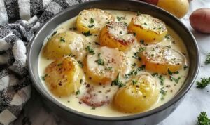 Creamy garlic sauce potatoes in a serving bowl with velvety garlic cream sauce, melted Parmesan, and fresh parsley garnish