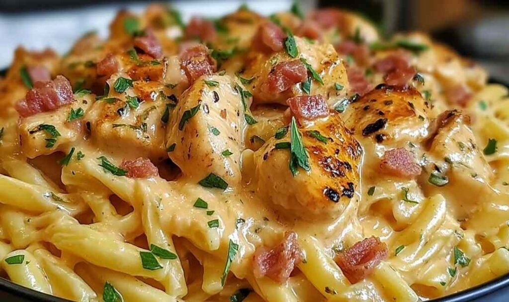 Creamy Italian Chicken Pasta in a large skillet with Parmesan and fresh parsley garnish