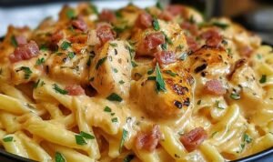 Creamy Italian Chicken Pasta in a large skillet with Parmesan and fresh parsley garnish